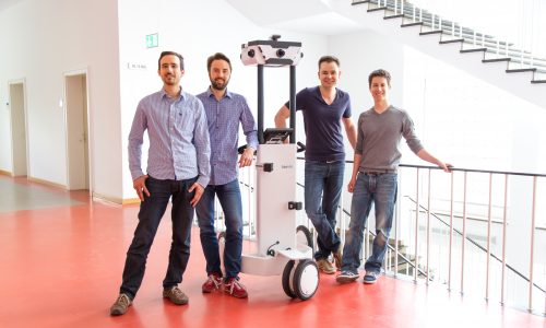 The NavVis founding team (from left to right), with the mapping trolley: Robert Huitl, Sebastian Hilsenbeck, Dr. Georg Schroth and Dr. Felix Reinshagen.