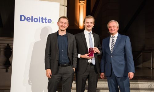 Deloitte Fast 50 - 2015 Berlin; Fast 50 Award; 1st Place; Celonis GmbH GmbH; from left to right: Mr. Julian Baumann (Marketing & PR Manager); Mr. Alexander Rinke (CEO); Dr. Andreas Gentner (Deloitte)