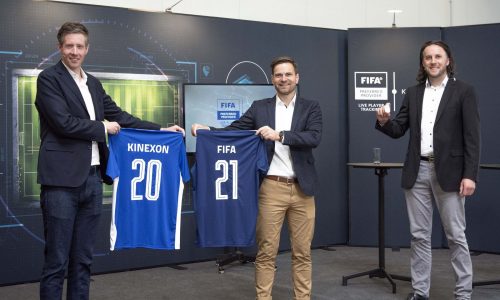 Nicolas Evans, Head of Football Research at FIFA, Maximilian Schmidt, co-founder and CRO of Kinexon Sports & Media, and Kinexon founder Oliver Trinchera. (from left)